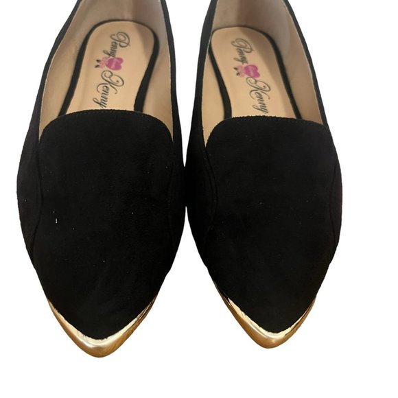 Penny Loves Kenny Nik Black Faux Suede Flats Gold Tipped Toe Sz 7.5 Wide - Picture 3 of 11